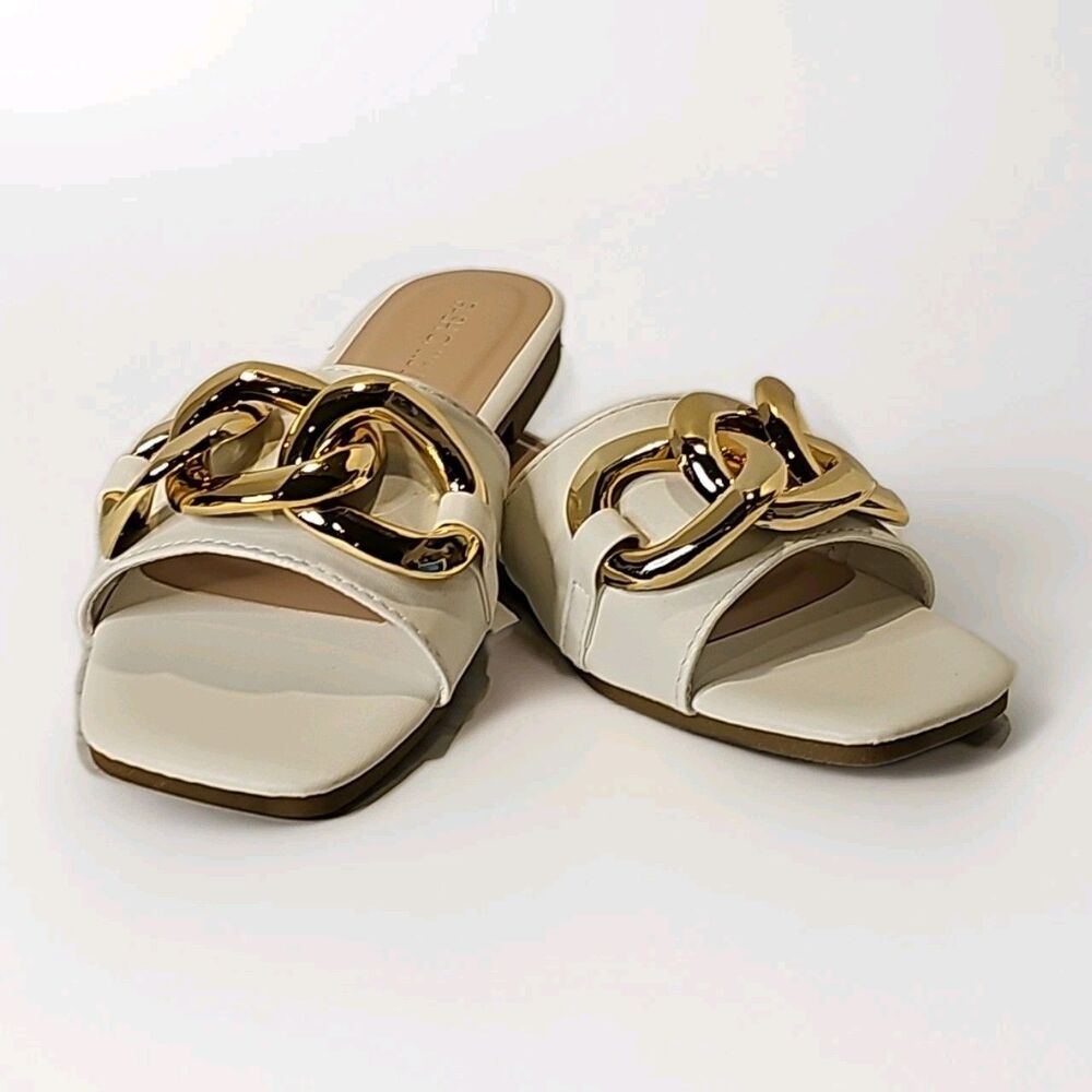 Fashion Nova White Square Toe Slide Sandals Gold Chain Link Flat Buckle Shoes 7 - Picture 2 of 8